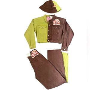 Dypsnea X Abrand Jeans Dypset Beating Heart Pants + Jacket + Hat NWT Green/Brown